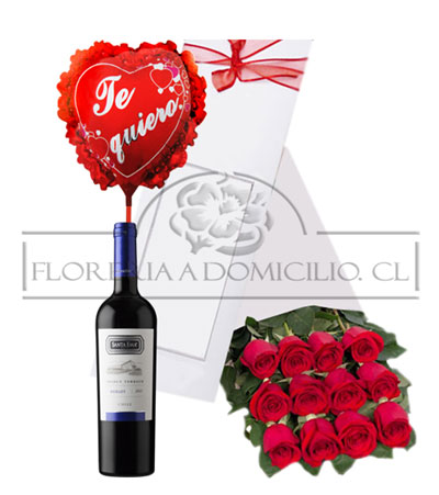 Caja de 12 Rosas + vino + Globito